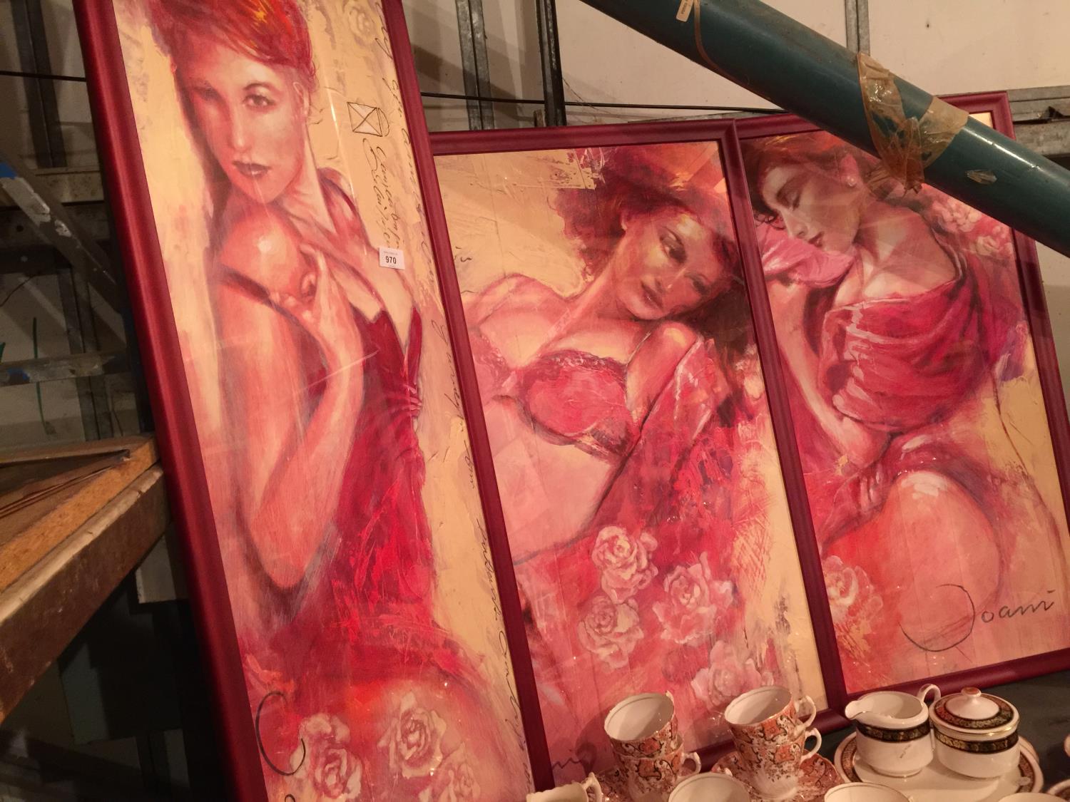 THREE LARGE FRAMED PRINTS OF SCANTILY CLAD LADIES BY JOANI