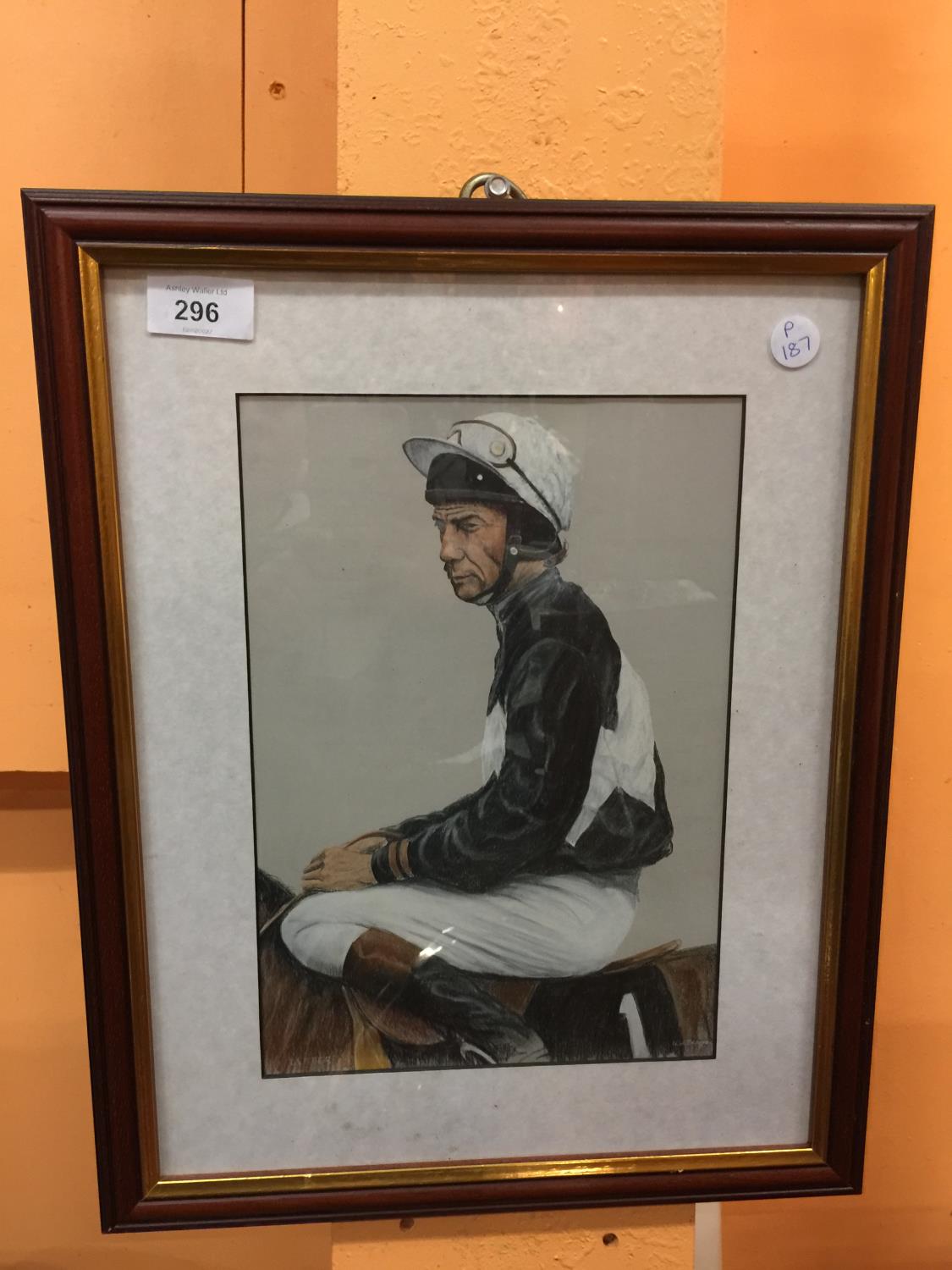 A FRAMED PRINT OF LESTER PIGGOTT 33 X 42CM