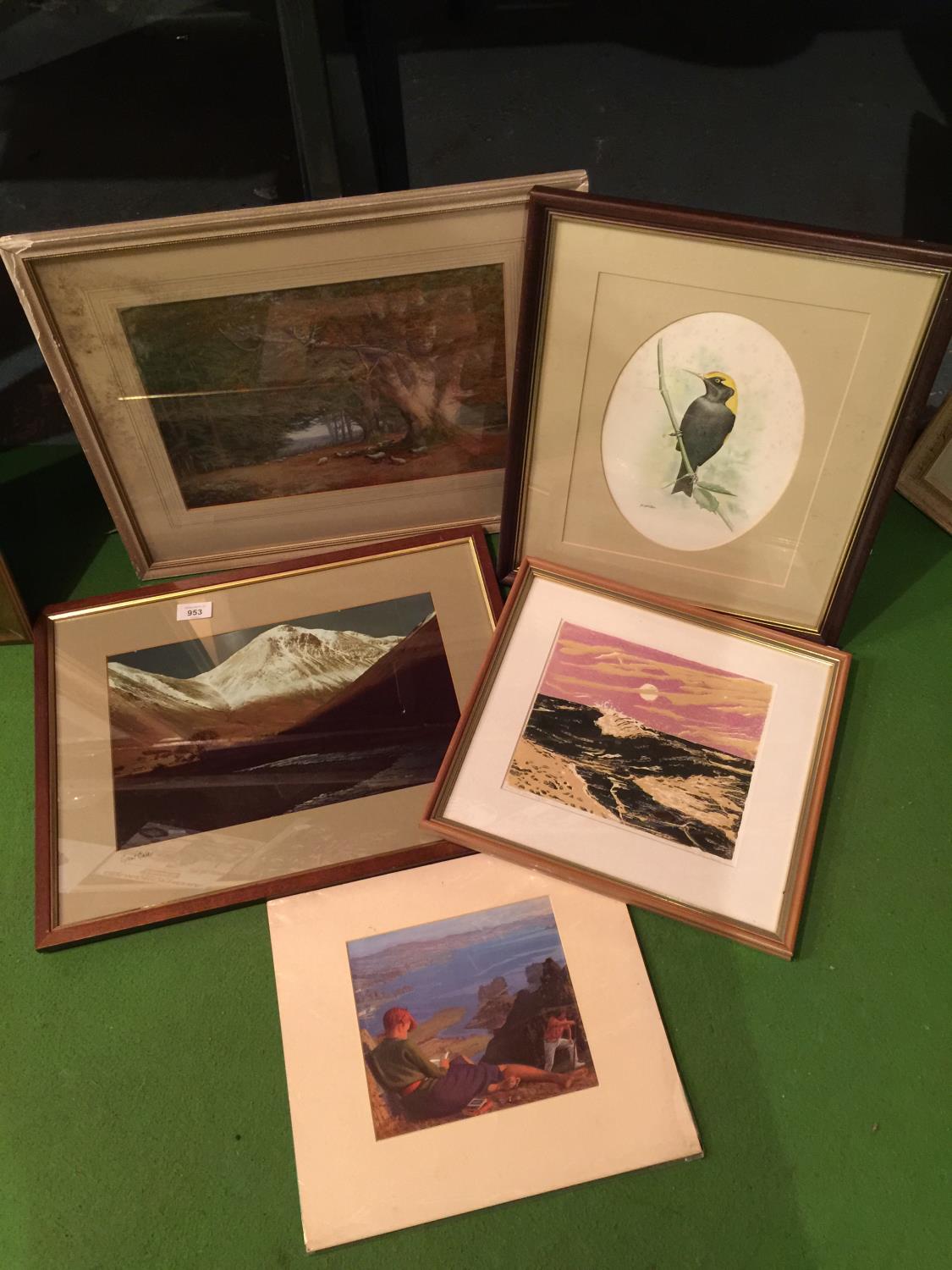 FOUR FRAMED PRINTS/ PHOTOS AND ONE UNFRAMED OF WINDEMERE, GREAT GABLE, A BIRD, ETC