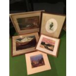 FOUR FRAMED PRINTS/ PHOTOS AND ONE UNFRAMED OF WINDEMERE, GREAT GABLE, A BIRD, ETC