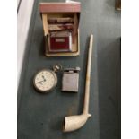 A POCKET WATCH, BOXED RONSON LIGHTER, A POLO LIGHTER AND A CLAY PIPE