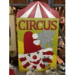 A LARGE HANDPAINTED ON WOOD CIRCUS PICTURE 106 CM X 60 CM
