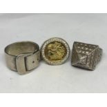 THREE MARKED SILVER RINGS ONE SILVER GILT WITH CUBIC ZIRCONIAS GROSS WEIGHT 46.2 GRAMS