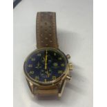 A GENTS FASHION WATCH WITH A BROWN LEATHER STRAP SEEN WORKING BUT NO WARRANTY