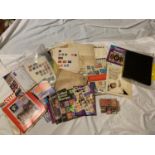 A BOX CONTAINING LOOSE PAGES OF STAMPS, EMPTY PAGES, CATALOGUES AND PHILATELY RELATED ITEMS