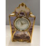 A HEIRLOOM PORCELAIN MANTLE CLOCK WITH PAINTED SHIRE HORSE AND COUNTRY SCENES