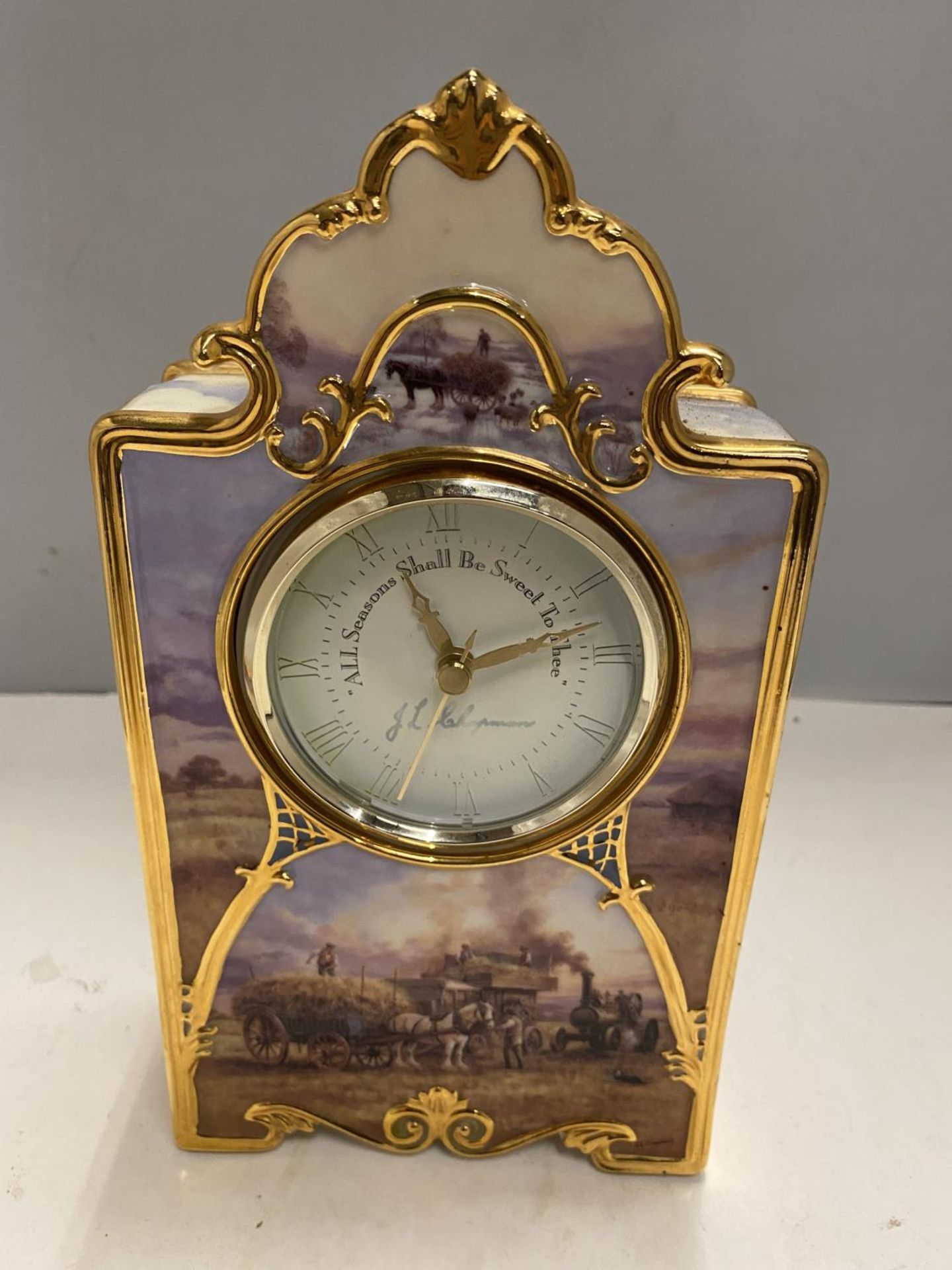A HEIRLOOM PORCELAIN MANTLE CLOCK WITH PAINTED SHIRE HORSE AND COUNTRY SCENES
