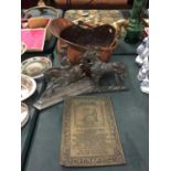 A COPPER COAL SCUTTLE, A BRASS PLAQUE AND TWO HORSE RELATED FIRESIDE PIECES