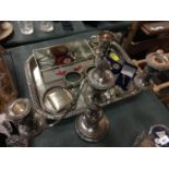 VARIOUS SILVER PLATE ITEMS TO INCLUDE HEAVY 'MADE IN ENGLAND' TWO ARM TABLE CANDELABRA, A PEN DESK