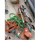 AN ASSORTMENT OF GARDEN ITEMS TO INCLUDE AN ELECTRIC GRASS STRIMMER, HOSE PIPE AND BRANCH LOPPERS