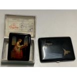 LAQUERED CIGARETTE CASE WITH EMBOSSED KINGFISHER DECORATION AND A BOXED RUSSIAN BOX WITH A PICTURE