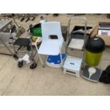 AN ASSORTMENT OF ITEMS TO INCLUDE A WALKING AID, SALTER SCALES AND A BELDRAY STEP ETC