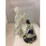 A PAST TIMES MODEL OF A JAPANESE LADY TOGETHER WITH A GLAZED AND CERAMIC JAPANESE LADY WITH BIRDS