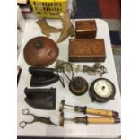 A MIXED GROUP TO INCLUDE TWO VINTAGE CAST IRONS, A WAFAX COPPER BED WARMER, A VINTAGE BAROMETER, A