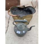 A VINTAGE BRASS COAL BUCKET AND A FURTHER COPPER KETTLE