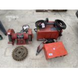 AN ASSORTMENT OF ITEMS TO INCLUDE A POWER DEVIL BENCH GRINDER, BATTERY CHARGER AND COG ETC