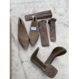 A COLLECTION OF VINTAGE ITEMS TO INCLUDE SHOE LASTS AND WOOD SPLITTING WEDGES