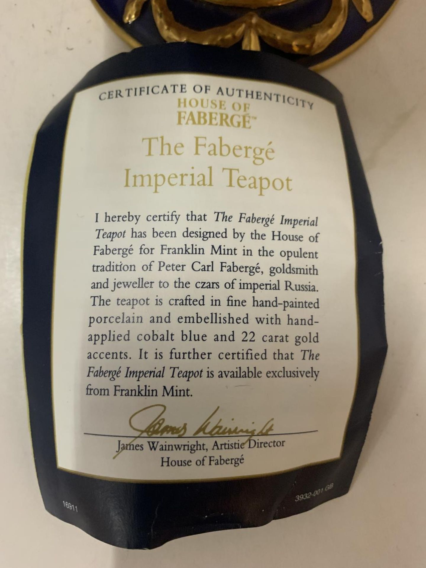 A FABERGE IMPERIAL TEAPOT WITH CERTIFICATE OF AUTHENTICITY - Image 7 of 7