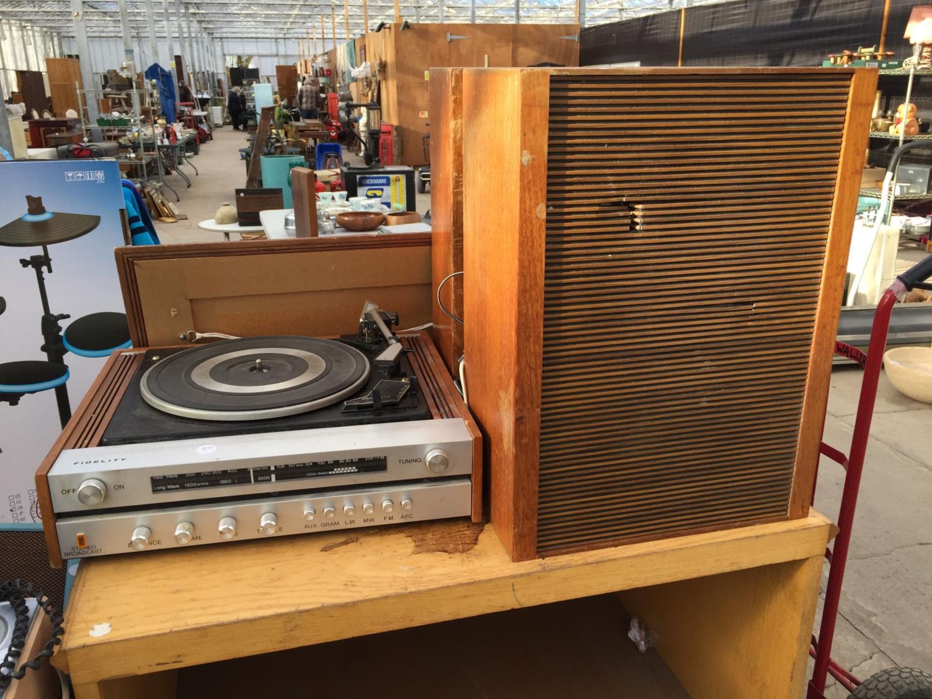 A GARRARD FIDELITY RECORD PLAYER AND TWO WOODEN CASED SPEAKERS