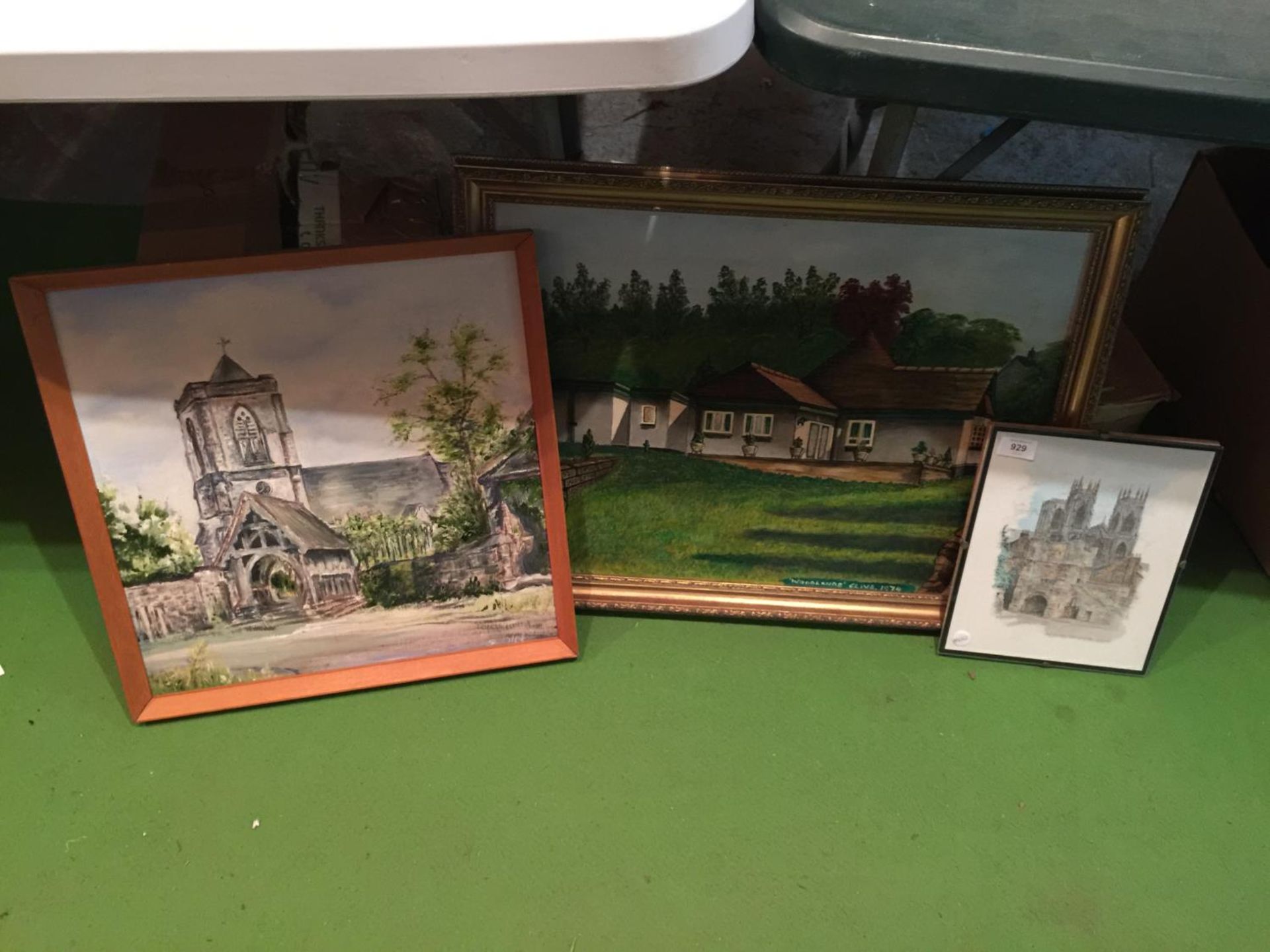 TWO OIL ON BOARD PAINTINGS OF A A CHURCH AND A BUNGALOW AND A PRINT OF YORK MINSTER