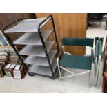 TWO FOLDING CHAIRS AND A FIVE TIER FOUR WHEELED TROLLEY