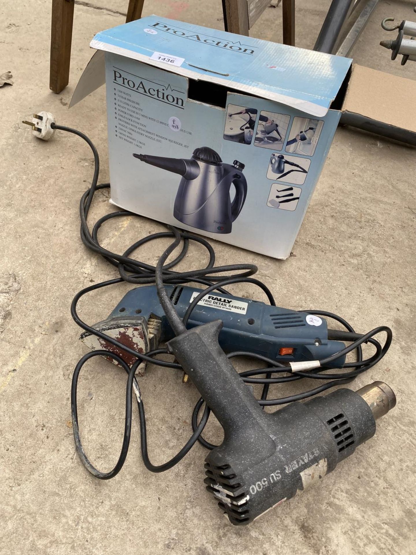 A HEAT GUN, AN ELECTRIC DETAIL SANDER AND A STEAM CLEANER ETC