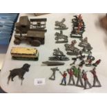 VARIOUS LEAD MILITARY TOYS, VINTAGE STEAM ROLLER, DINKY TOYS DOUBLE DECKER BUS ETC.