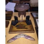 FOUR WOODEN ITEMS TO INCLUDE A SMALL TRIPOD STYLE HIGHLY ENGRAVED TABLE, AN INLAY DECORATIVE TRAY,