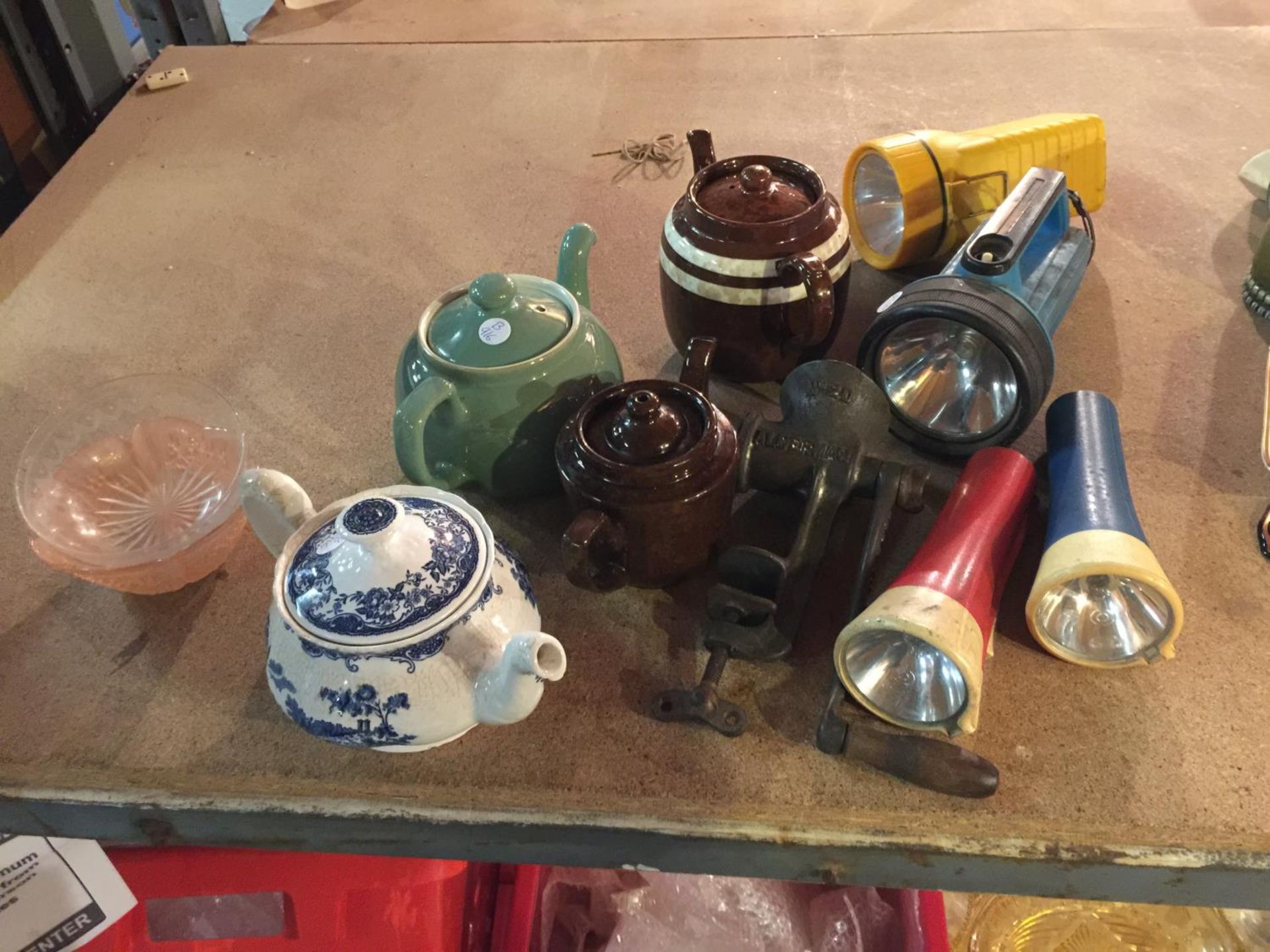 FOUR TEAPOTS TO INCLUDE, DENDBY, PRICES, ROYAL TUDOR WARE, TORCHES, A MINCER, ETC