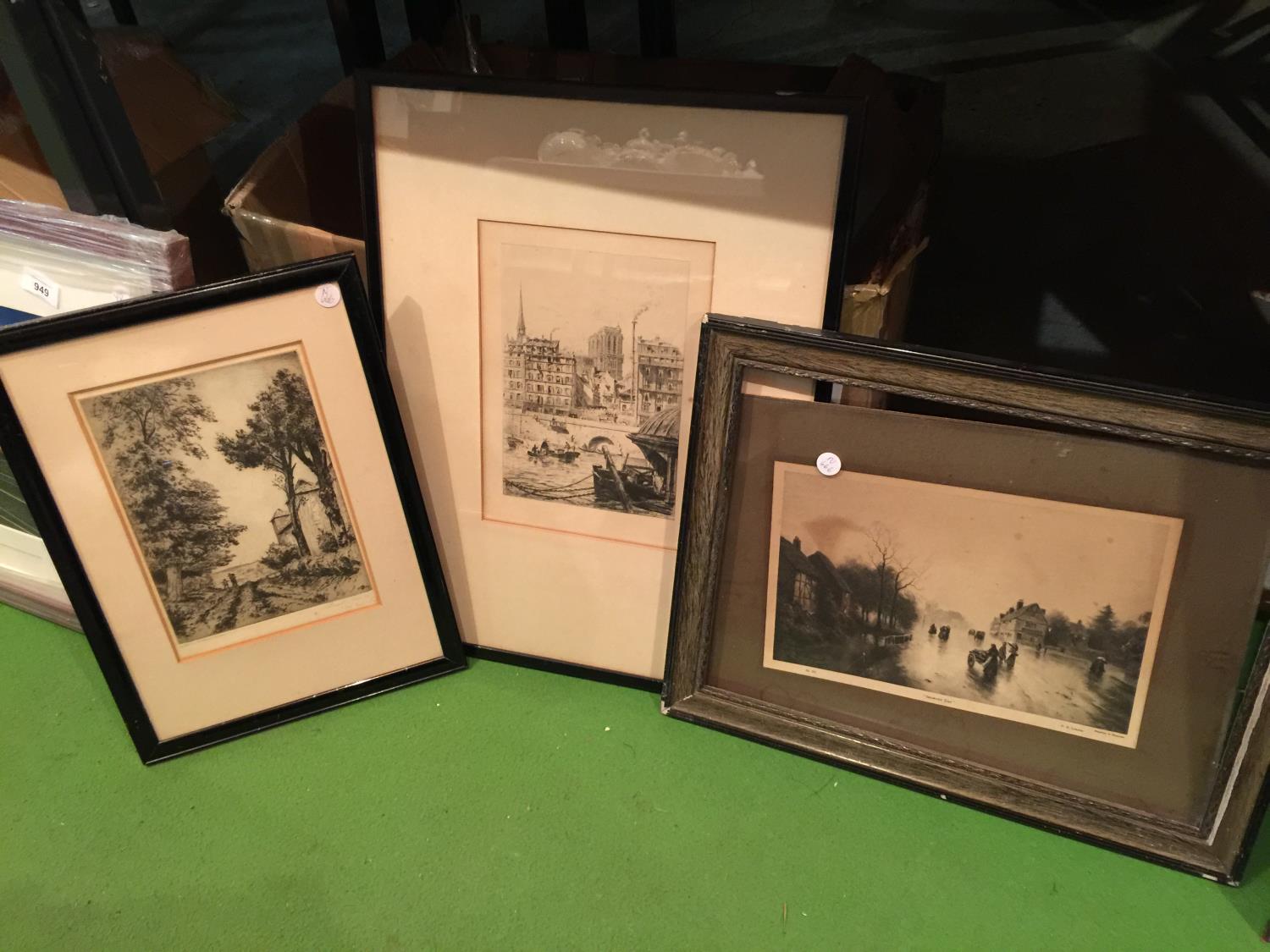 THREE FRAMED PRINTS OF VINTAGE SCENES TO INCLUDE, 'SHOWERY DAY' A/F, A RURAL SCENE, SIGNED, ETC