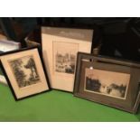 THREE FRAMED PRINTS OF VINTAGE SCENES TO INCLUDE, 'SHOWERY DAY' A/F, A RURAL SCENE, SIGNED, ETC