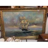 A GILT FRAMED OIL ON CANVAS OF A SAILING SHIP SIGNED ANDERSON TO LOWER LEFT CORNER