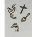 FOUR MARKED SILVER PENDANTS TO INCLUDE A CROSS AND A DOLPHIN