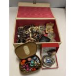 A JEWELLERY BOX CONTAINING A QUANTITY OF COSTUME JEWELLERY TO INCLUDE WATCHES, BRACELETS, BEADS,