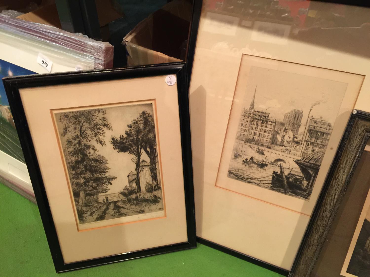 THREE FRAMED PRINTS OF VINTAGE SCENES TO INCLUDE, 'SHOWERY DAY' A/F, A RURAL SCENE, SIGNED, ETC - Image 2 of 4