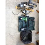 AN ASSORTMENT OF TOOLS TO INCLUDE A PRO CHOP SAW, MAKITA DRILLS ETC
