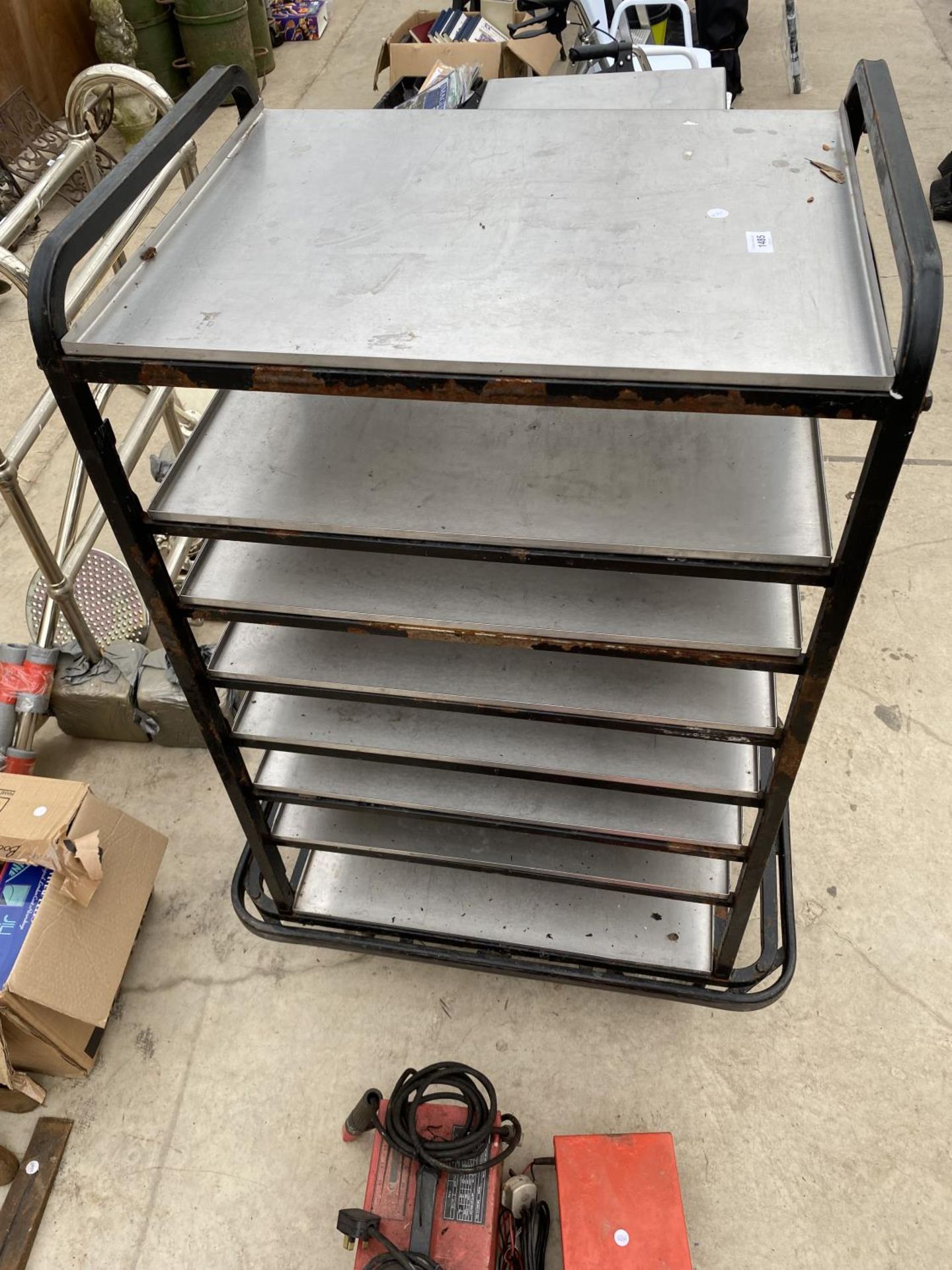 A FOUR WHEELED STAINLESS STEEL EIGHT TIERED TROLLEY - Image 2 of 5