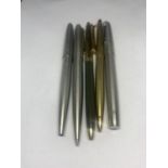 FIVE VINTAGE PARKER WRITING IMPLEMENTS TO INCLUDE FOUR BALL POINT PENS AND A PROPELLING PENCIL