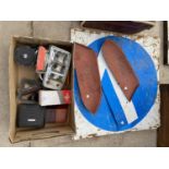AN ASSORTMENT OF VINTAGE AUTOMOBILE SPARES TO INCLUDE LIGHTS ETC TO ALSO INCLUDE A METAL ROAD SIGN