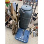 AN ASSORTMENT OF ITEMS TO INCLUDE A MECHANICS TROLLEY, A WATER BUTT AND A TILE CUTTER ETC