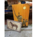 A MODERN 3D PAINTING OF A MAN ON DONKEY AND FURTHER FIGURE (A/F) AND A CANVAS PRINT OF A BAY HORSE