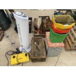 AN ASSORTMENT OF ITEMS TO INCLUDE A TOWER FAN, A WOODEN TOOL CHEST AND BUCKETS ETC