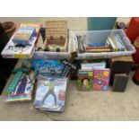 A LARGE ASSORTMENT OF CHILDRENS BOOKS AND GAMES TO INCLUDE JACQUELINE WILSON ETC