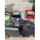 AN ASSORTMENT OF HOUSEHOLD CLEARANCE ITEMS TO INCLUDE BOOKS, CERAMICS AND SUITCASES ETC