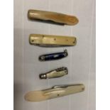 FIVE VINTAGE BONE HANDLED PEN KNIVES