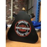 A BLACK HARLEY DAVIDSON MOTOR OIL CAN, HEIGHT APPROX 25CM
