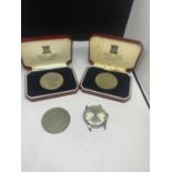TWO ONE CROWN COINS IN PRESENTATION BOXES TO INLCUDE AN ISLE OF MAN CENTENARY OF THE HORSE TRAM, A