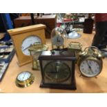 SEVEN CLOCKS TO INCLUDE JERGER (GERMAN) BRASS ALARM CLOCK, A VINTAGE METAMEC BRONZE STYLE CARRIAGE