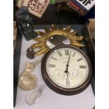 A COLLECTION OF ITEMS TO INCLUDE CAT ORNAMENTS, GILT FRAMED 'SUN' MIRROR, WESTMINSTER CLOCK