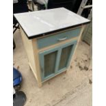 A RETRO WOODEN KITCHEN UNIT WITH ENAMEL WORKTOP